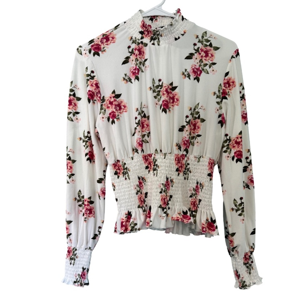 Floral Mock Neck Smocked Blouse woman’s L